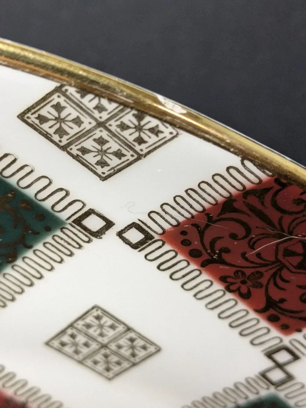 Vintage Bavaria Porcelain Guitar Pick Shaped Plate Red Green Gold Pattern 1950s